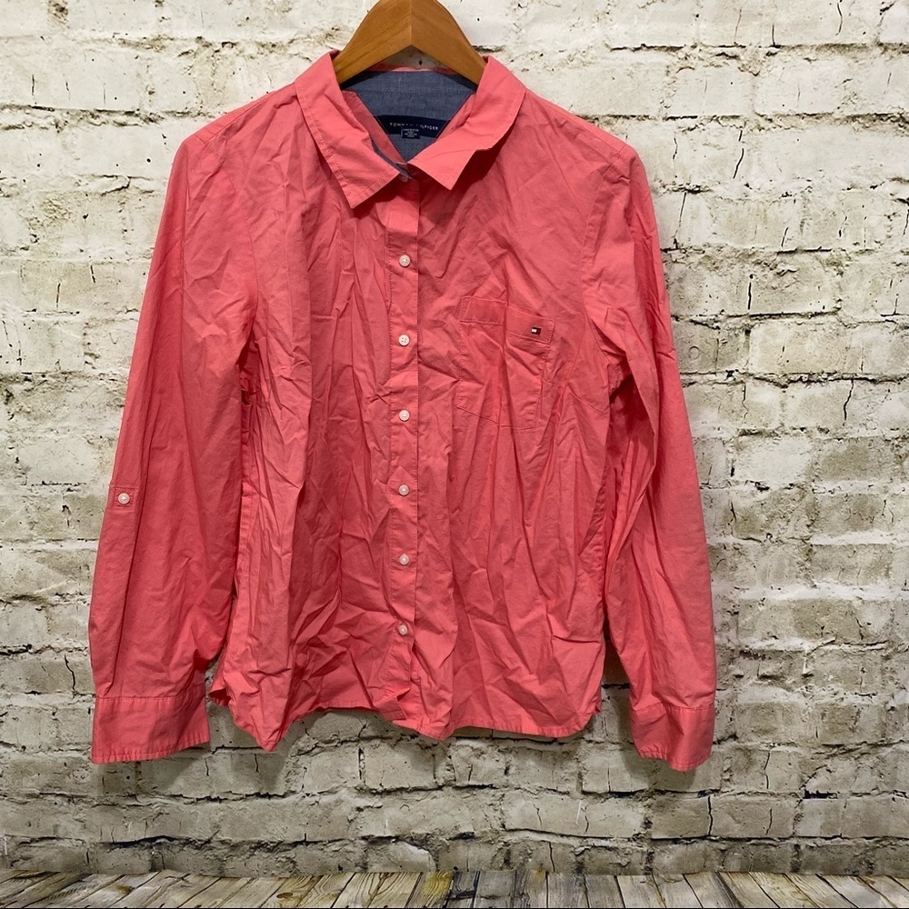 Tommy Hilfiger Coral Pink Cotton Tab Sleeve Button Up Top